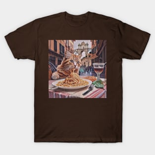 Cat Eating Spaghetti On the Streets of Rome T-Shirt